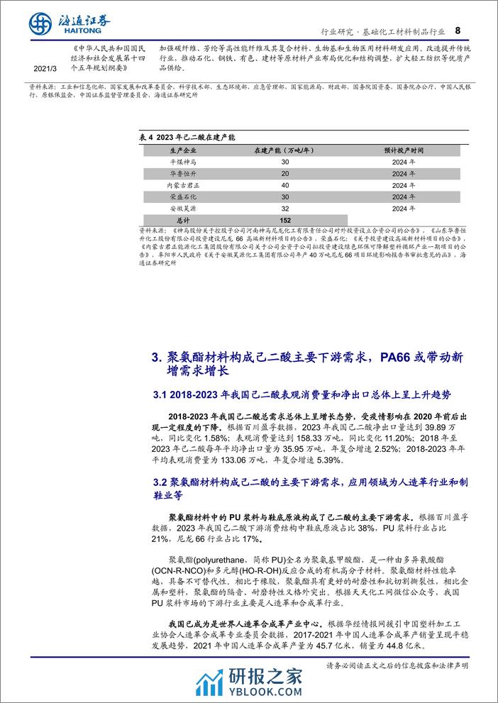 基础化工材料制品行业深度报告：国内供需紧平衡，尼龙66带动己二酸需求增长-240326-海通证券-18页 - 第8页预览图