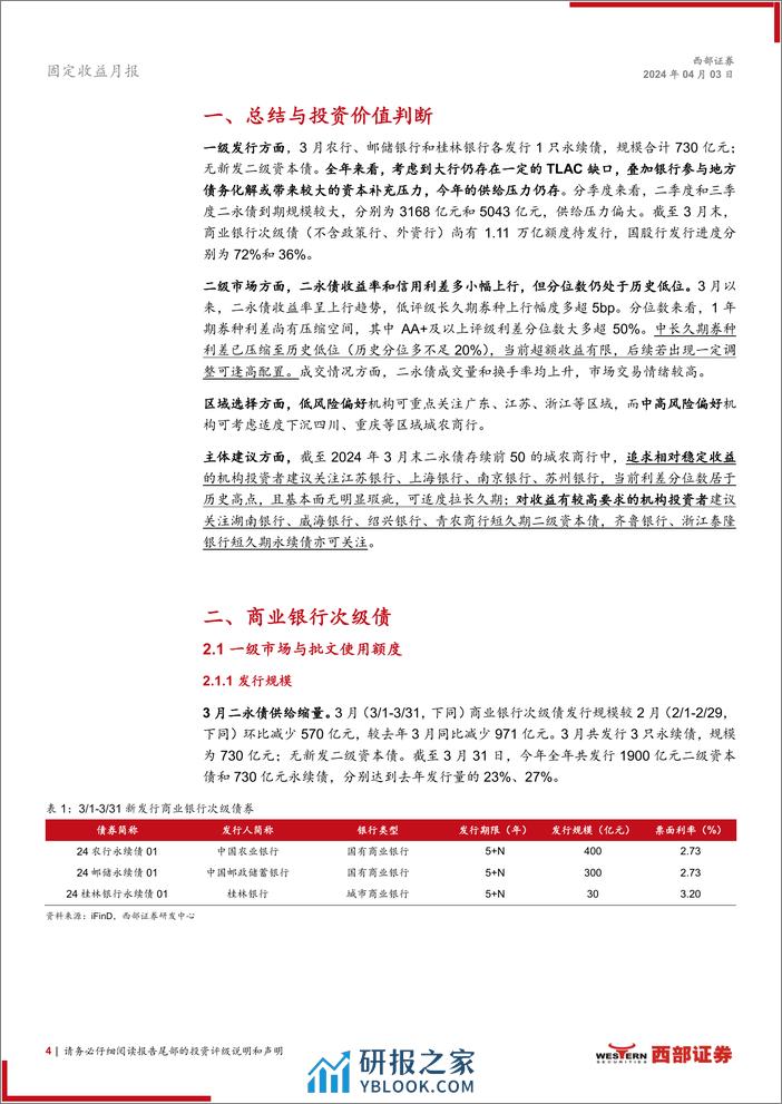 资本补充工具3月报：适度下沉城农商行二永债-240403-西部证券-17页 - 第4页预览图