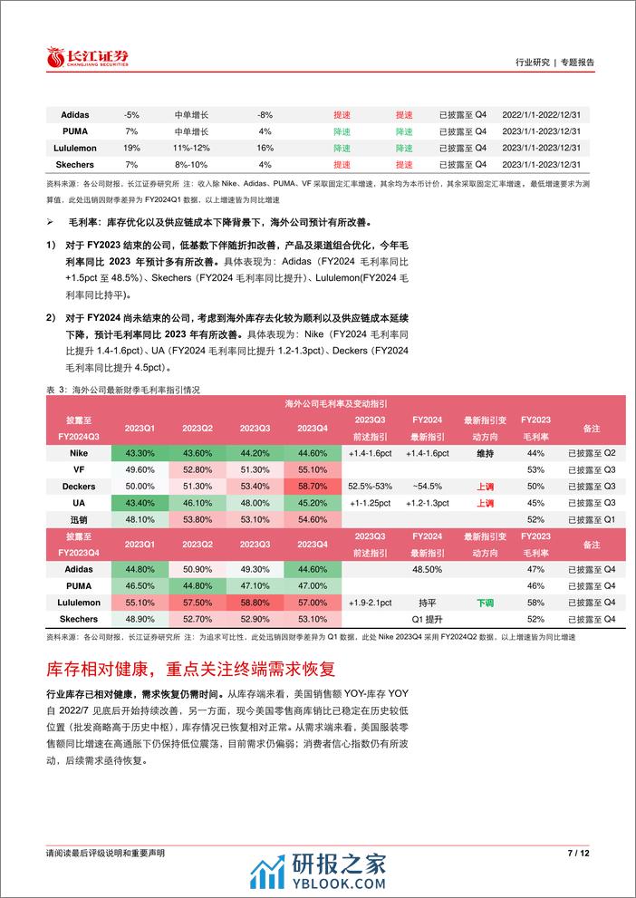 纺织品、服装与奢侈品行业海外观察系列52之2023Q4财报总结：库存健康%26指引保守，关注终端需求恢复-240408-长江证券-12页 - 第7页预览图