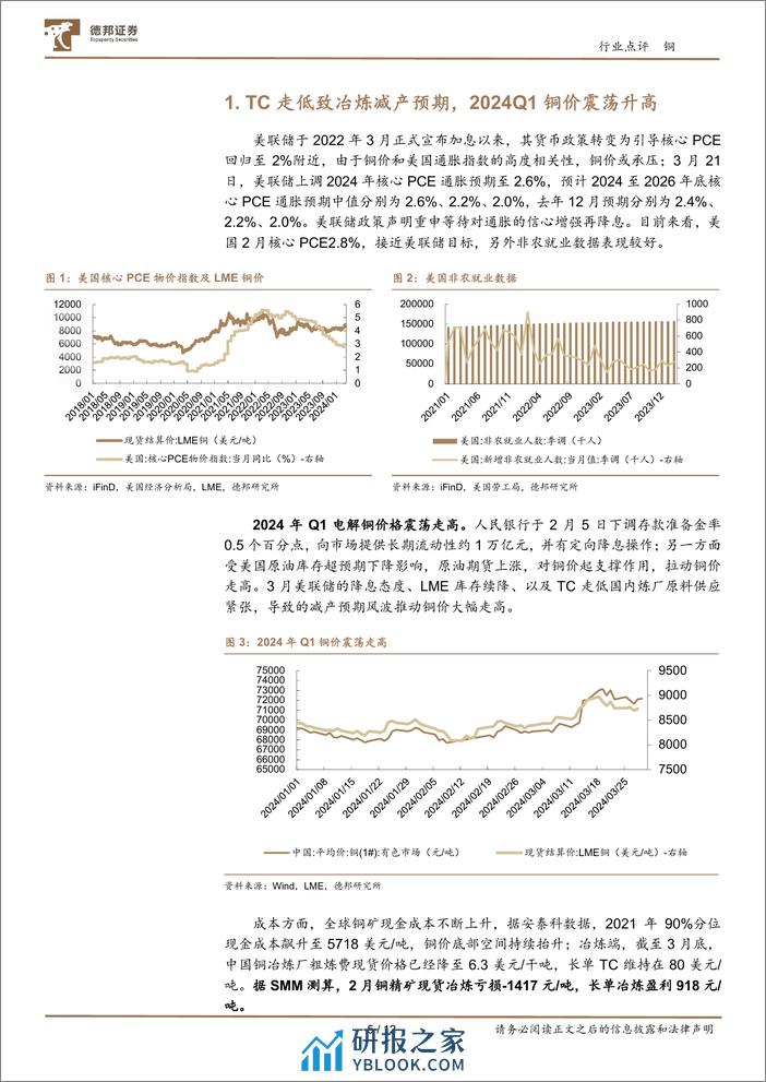 铜行业跟踪：TC走低致冶炼减产预期，2024Q1铜价震荡升高-240402-德邦证券-12页 - 第5页预览图