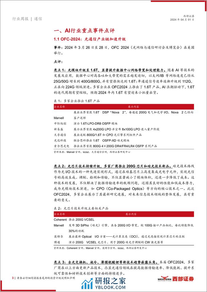 AI行业跟踪20期：OFC2024光通信技术创新升级，开源大模型能力再上台阶-240401-西部证券-12页 - 第3页预览图