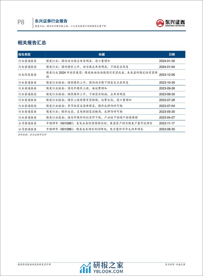 煤炭行业报告：国内动力煤价格上涨，六大发电集团日均耗煤需求量下降-20240305-东兴证券-10页 - 第8页预览图