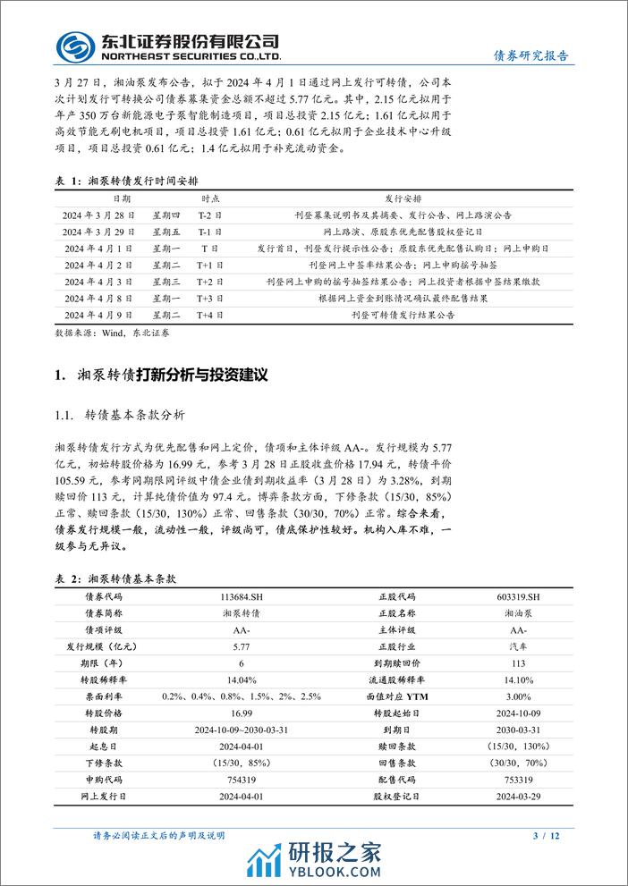 东北固收转债分析-湘泵转债定价建议：首日转股溢价率28%25-33%25-240329-东北证券-12页 - 第3页预览图